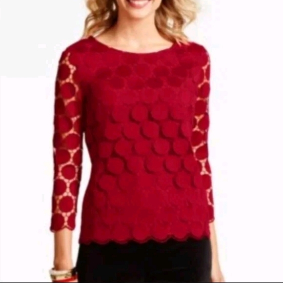 Talbots Tops - Talbots Opulent Dot Red Medallion Lace Blouse Size XS